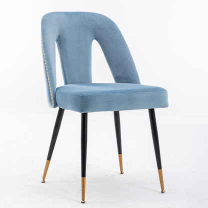 A&A Furniture,Akoya Collection Modern | Contemporary Velvet Upholstered Dining Chair with Nailheads and Gold Tipped Black Metal Legs, Light Blue，Set of 2