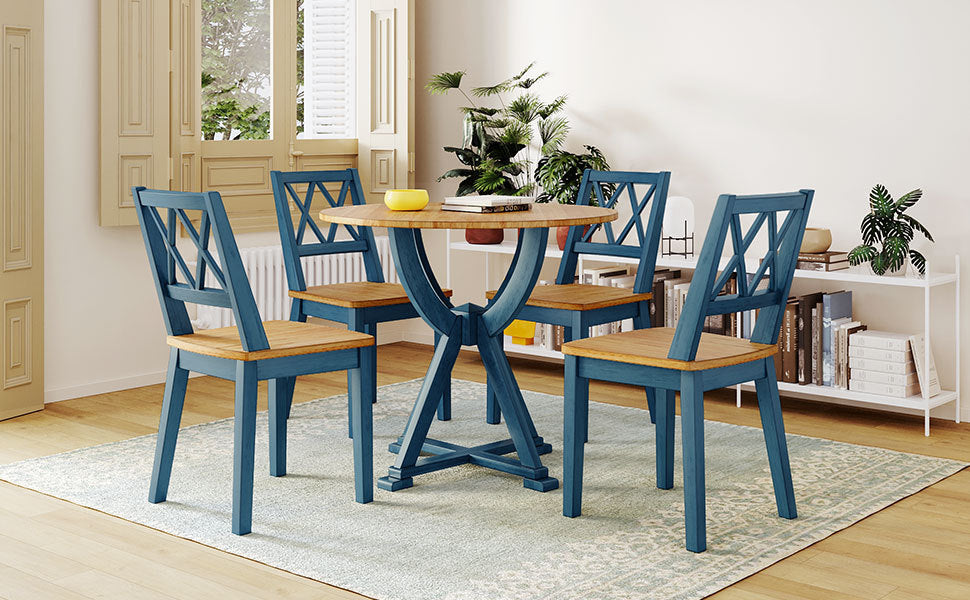 TOPMAX Mid-Century 5-Piece Round Dining Table Set with Trestle Legs and 4 Cross Back Dining Chairs, Antique Oak+Antique Blue