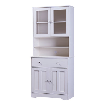 TREXM 70.9" Multifunctional Pantry Cabinet MDF Storage Cabinet with Glass Doors, A Large Drawer and Adjustable Shelves (Antique White)