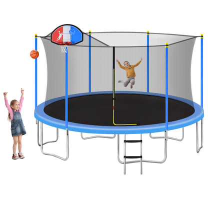 15FT Trampoline for Kids with Safety Enclosure Net, Basketball Hoop and Ladder, Easy Assembly Round Outdoor Recreational Trampoline