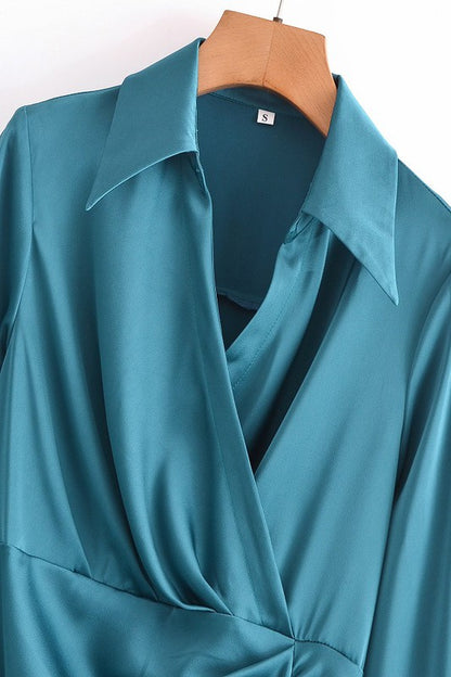 SOLID SILK SATIN RUCHED COLLAR SHIRT DRESS