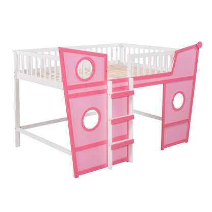 Full Size Boat Shape Loft Bed with Ladder-Pink