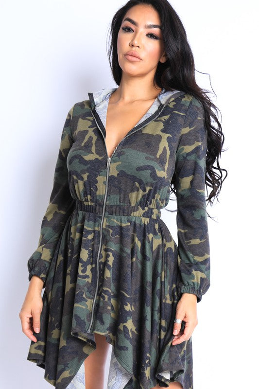 Camoflauge Shark Bite Ruffle Hoodie Dress