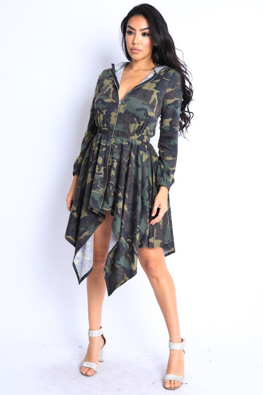 Camoflauge Shark Bite Ruffle Hoodie Dress