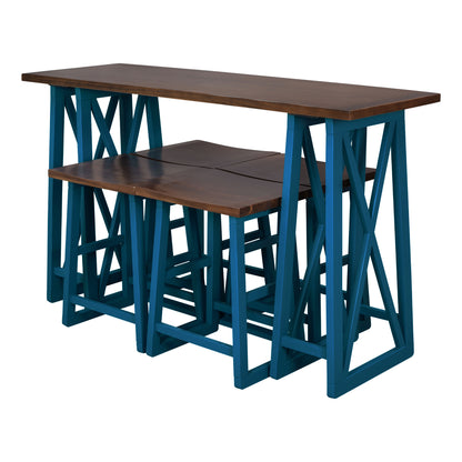 TOPMAX Rustic Counter Height 5-Piece Dining Set, Wood Console Table Set with 4 Stools for Small Places,Walnut+Blue