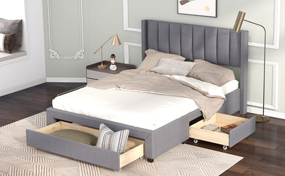 Full Size Upholstered Platform Bed with One Large Drawer in the Footboard and Drawer on Each Side,Gray