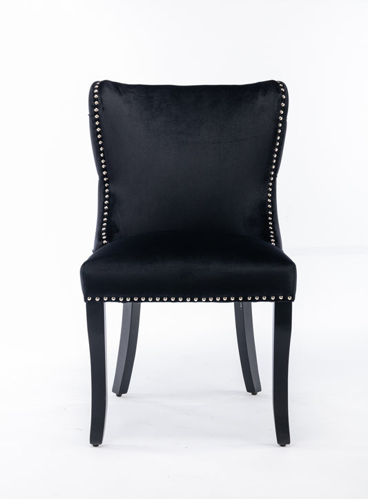 Set of 2 Black Velvet upholstered wing-back dining chair with backstitching nailhead trim and solid wood legs