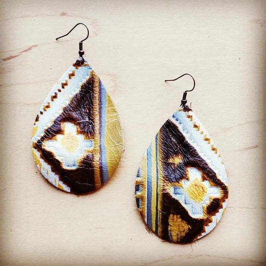 Leather Teardrop Earrings in Yellow Navajo