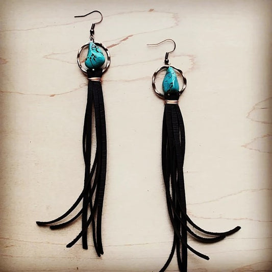 Turq Drop Earring with Leather Tassel Black 206g