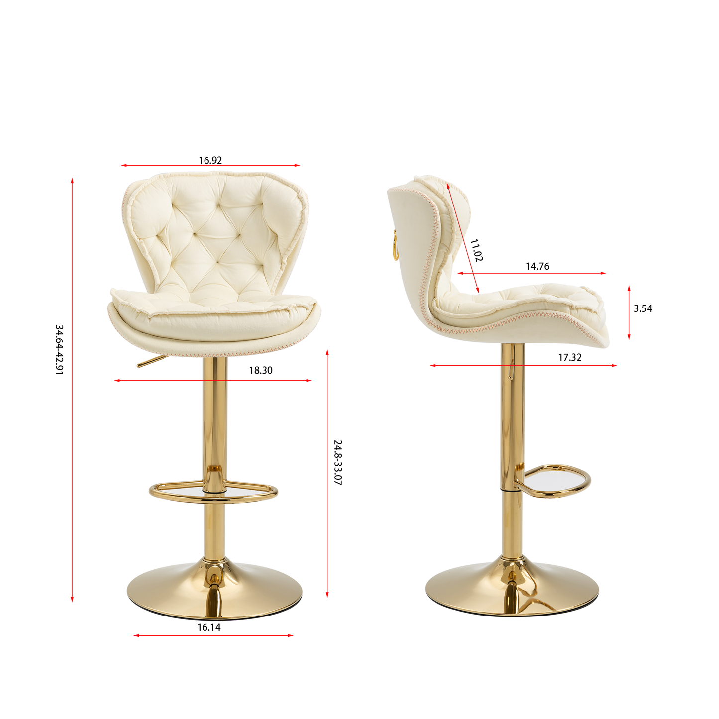 Set of 2  Bar Stools,with Chrome Footrest and Base Swivel Height Adjustable Mechanical Lifting Velvet + Golden Leg Simple Bar Stool-cream