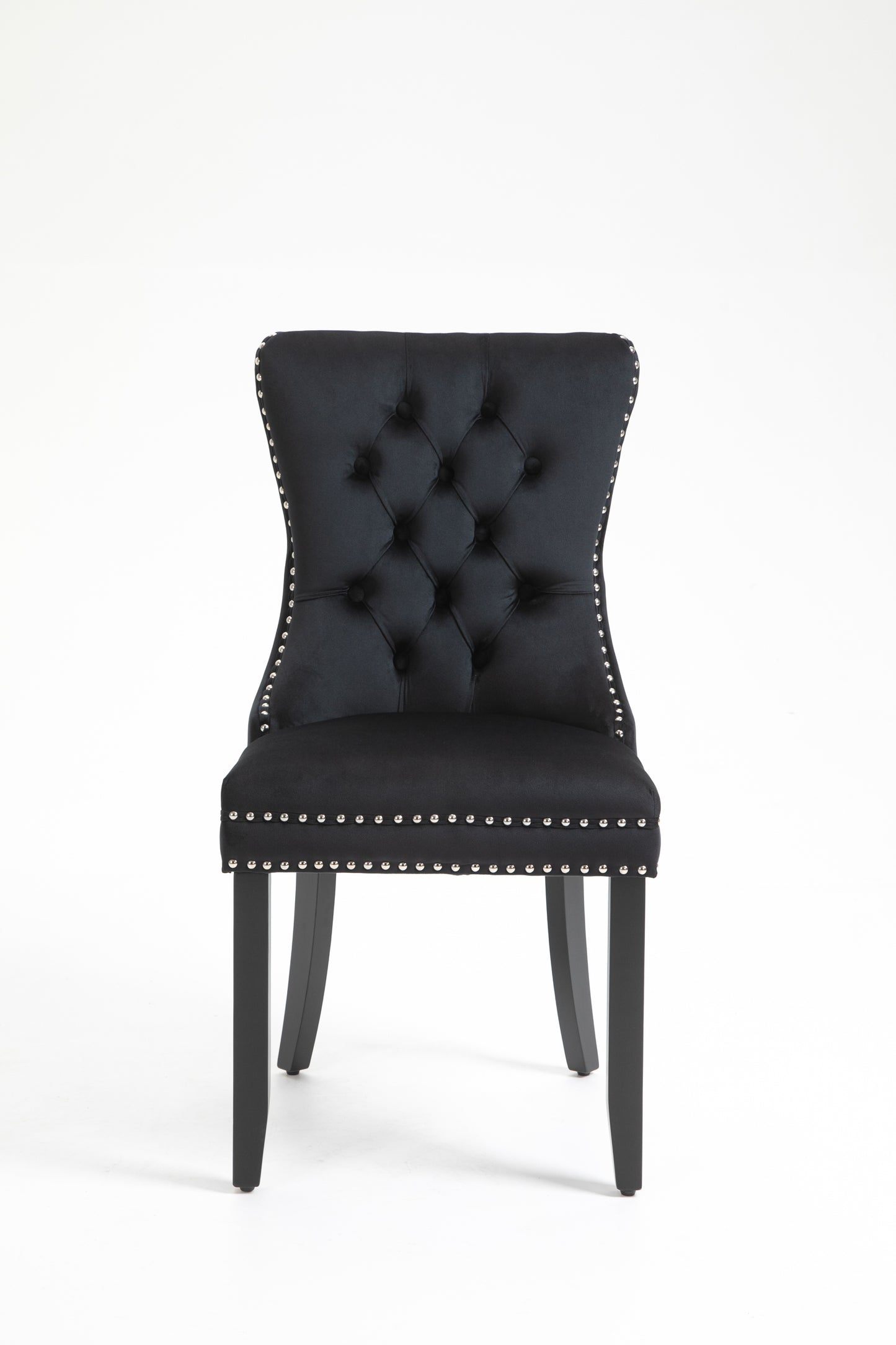 Upholstered Button Tufted Back Black Velvet Dining Chair with Nailhead Trim and Solid Wood Legs 2 Sets