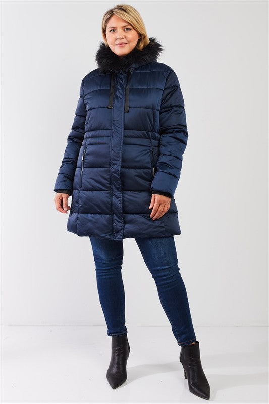 Glossy Long Fitted Vegan Fur Hood Puffer Jacket