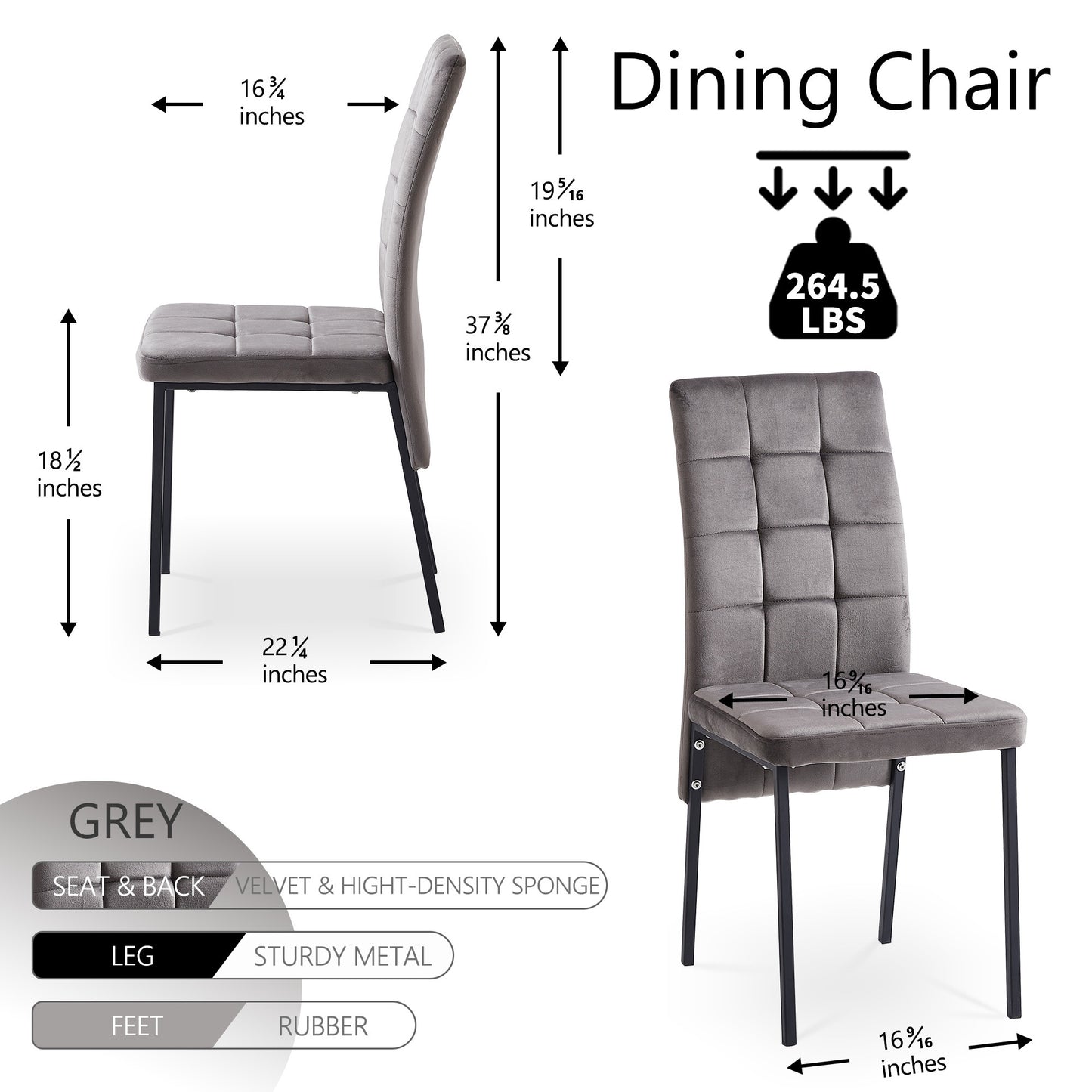 Grey Velvet High Back Nordic Dining Chair Modern Fabric Chair with Black Legs, Set Of 4