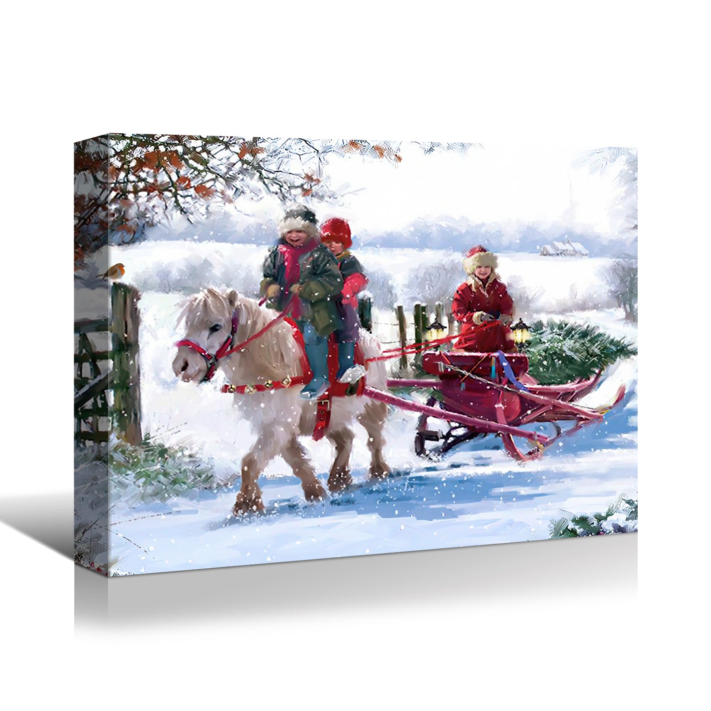 Framed Canvas Wall Art Decor Painting For Chrismas, White Horse with Sledge Chrismas Gift Painting For Chrismas Gift, Decoration For Chrismas Eve Office Living Room, Bedroom Decor-Ready To Hang