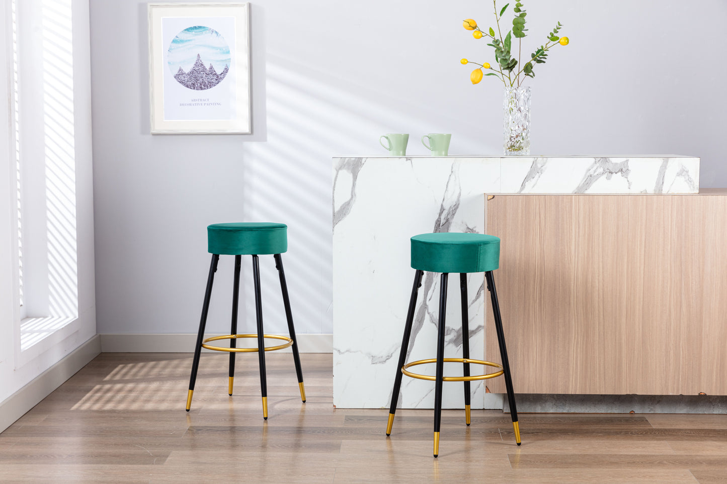 Counter Height Bar Stools Set of 2, Velvet Kitchen Stools Upholstered Dining Chair Stools 24 Inches Height with Golden Footrest for Kitchen Island Coffee Shop Bar Home Balcony,