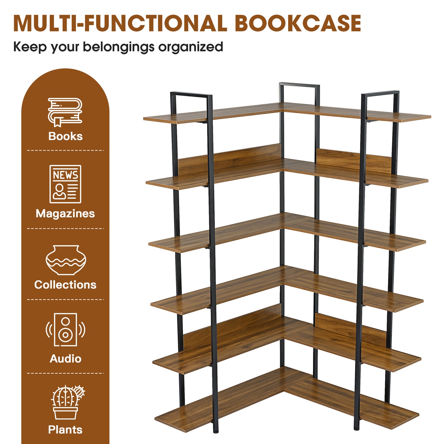 74.8 Inch Bookshelf L-shape MDF Boards Stainless Steel Frame Corner 6-tier Shelves Adjustable Foot Pads, Brown