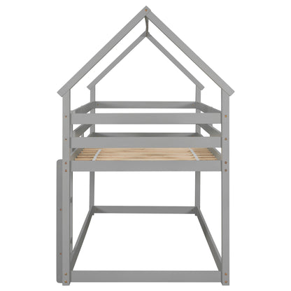 Twin over Twin Loft Bed with Roof Design, Safety Guardrail, Ladder, Grey