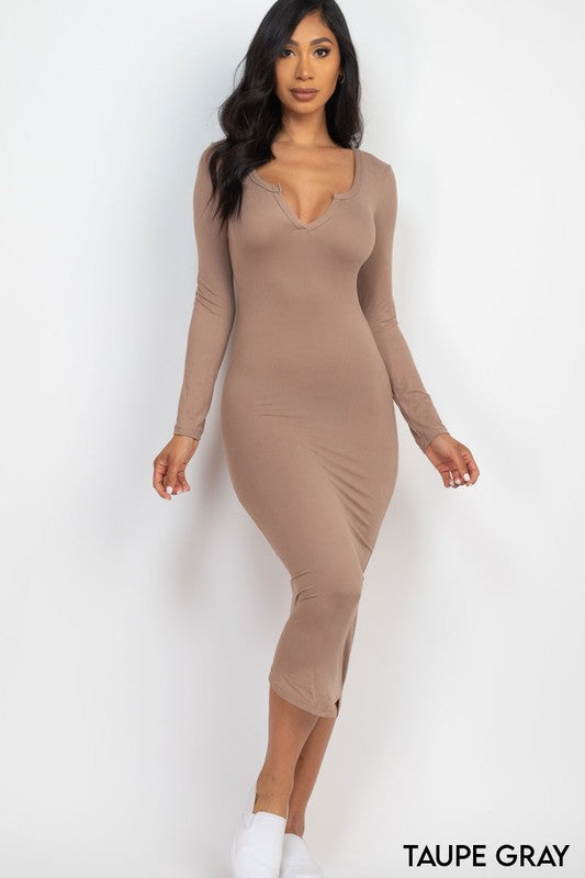 Split Neck Long Sleeve Midi Dress