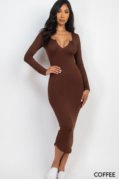 Split Neck Long Sleeve Midi Dress