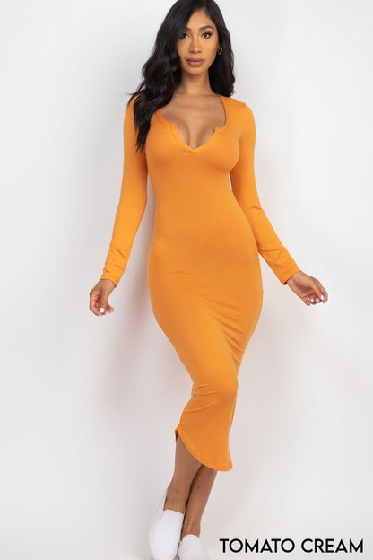 Split Neck Long Sleeve Midi Dress