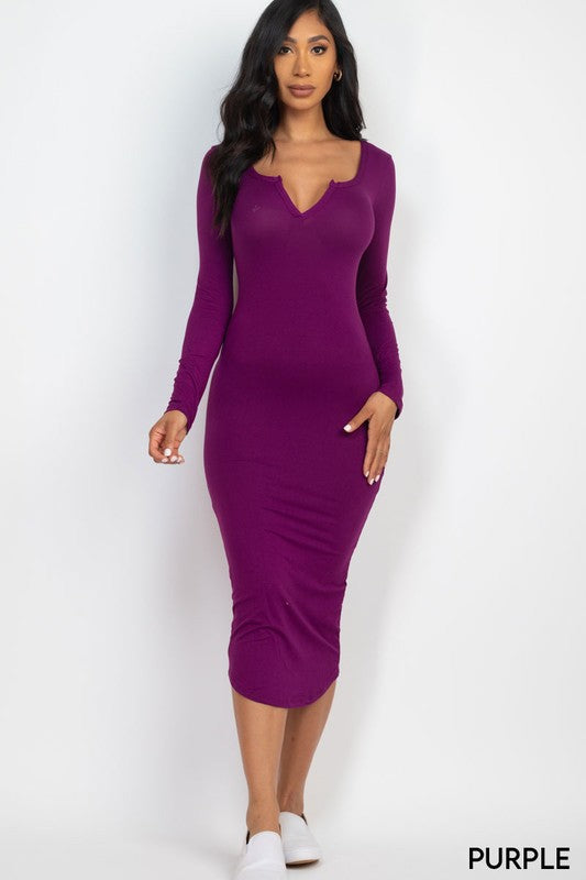 Split Neck Long Sleeve Midi Dress