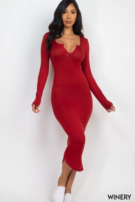 Split Neck Long Sleeve Midi Dress