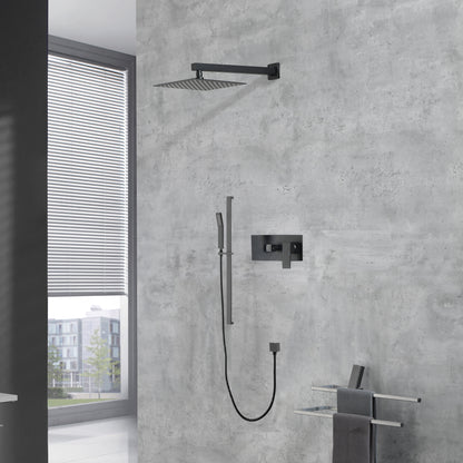 Shower System 10Inch Square Bathroom Luxury Rain Mixer Shower Combo Set Pressure Balanced Shower System with Shower Head, Hand Shower, Slide Bar, Shower Arm, Hose, and Valve Trim