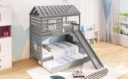 Twin over Twin House Bunk Bed with Trundle and Slide ,Storage Staircase,Roof and Window Design, Gray