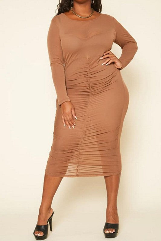 Plus Size Ruched Mesh Bodycon Midi Dress