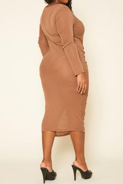 Plus Size Ruched Mesh Bodycon Midi Dress