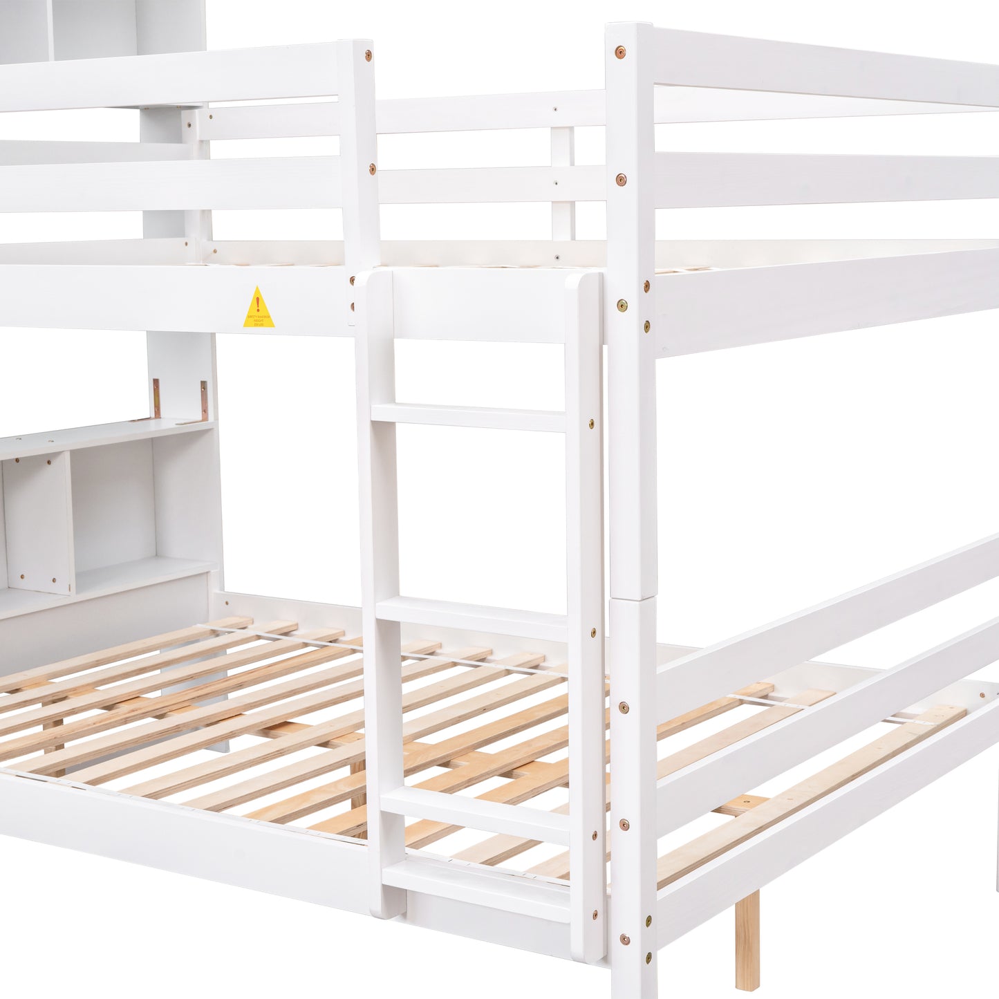 Full Over Full Bunk Beds with Bookcase Headboard, Solid Wood Bed Frame with Safety Rail and Ladder, Kids/Teens Bedroom, Guest Room Furniture, Can Be converted into 2 Beds, White