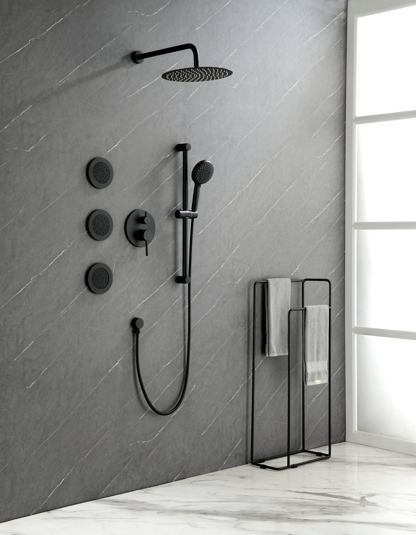 Shower System with Shower Head, Hand Shower, Slide Bar, Bodysprays, Shower Arm, Hose, Valve Trim, and Lever Handles