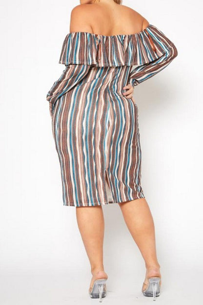 Plus Size Multi Striped Off Shoulder Dress