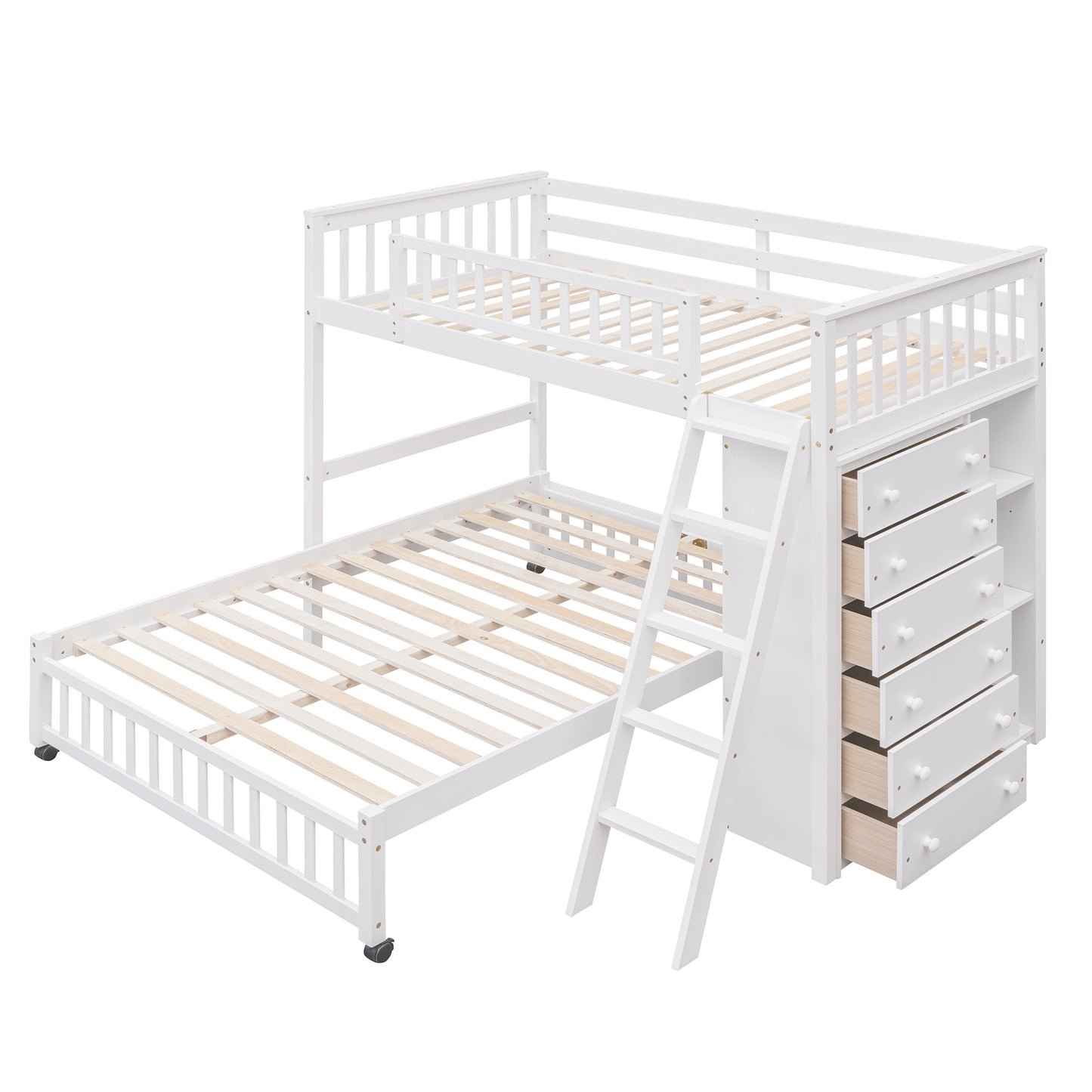 Wooden Twin Over Full Bunk Bed With Six Drawers And Flexible Shelves,Bottom Bed With Wheels,White(OLD SKU:LP000531AAK)