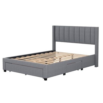 Full Size Upholstered Platform Bed with One Large Drawer in the Footboard and Drawer on Each Side,Gray