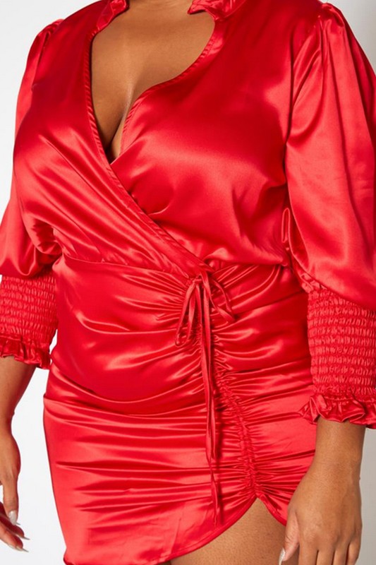 Plus Size Mandolin Collar Ruched Satin Mini Dress