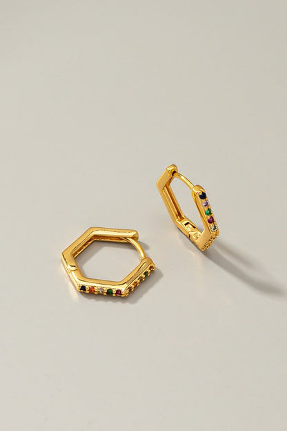 brass hexagon huggie earrings with color cz