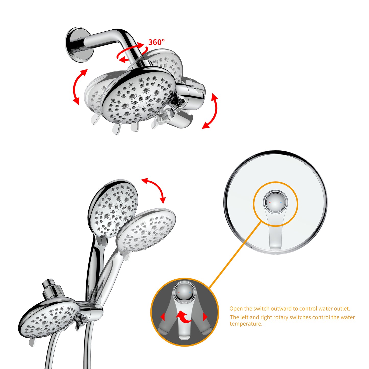 Large Amount of water Multi Function Dual Shower Head - Shower System with 4." Rain Showerhead, 6-Function Hand Shower, Chrome