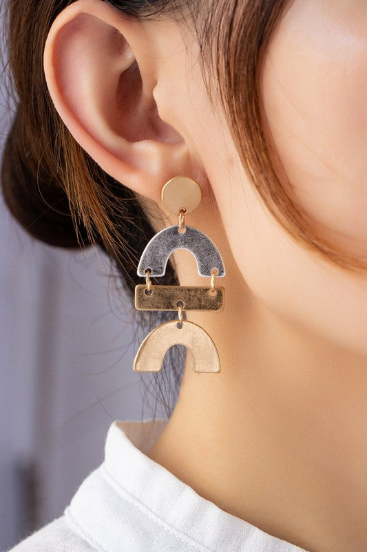 Two tone metal arch and bar drop earrings