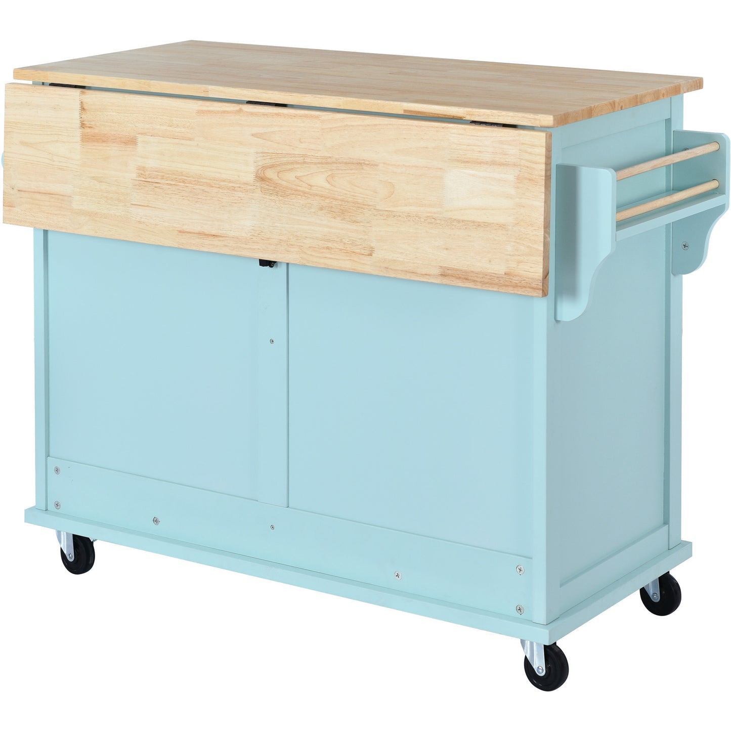 K&K Kitchen Cart with Rubber wood Drop-Leaf Countertop, Concealed sliding barn door adjustable height,Kitchen Island on 4 Wheels with Storage Cabinet and 2 Drawers,L52.2xW30.5xH36.6 inch, Mint Green