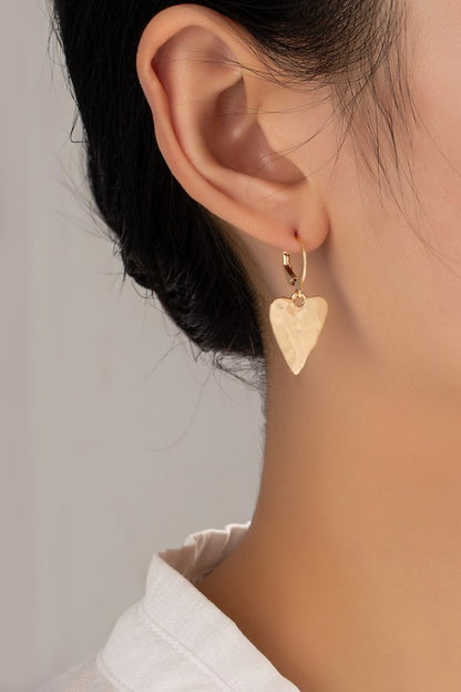 Hammered heart drop on a huggie hoop earrings