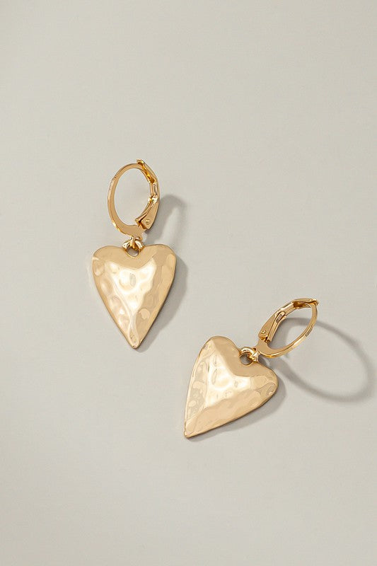 Hammered heart drop on a huggie hoop earrings