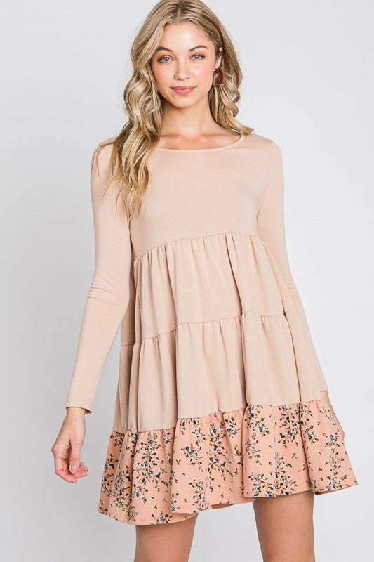 French Terry Tiered  flower contrast  Shift Dress