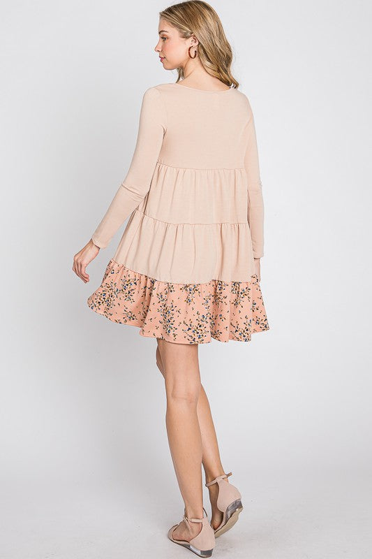 French Terry Tiered  flower contrast  Shift Dress