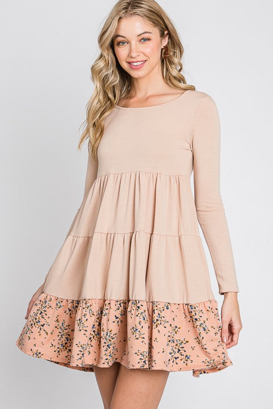 French Terry Tiered  flower contrast  Shift Dress