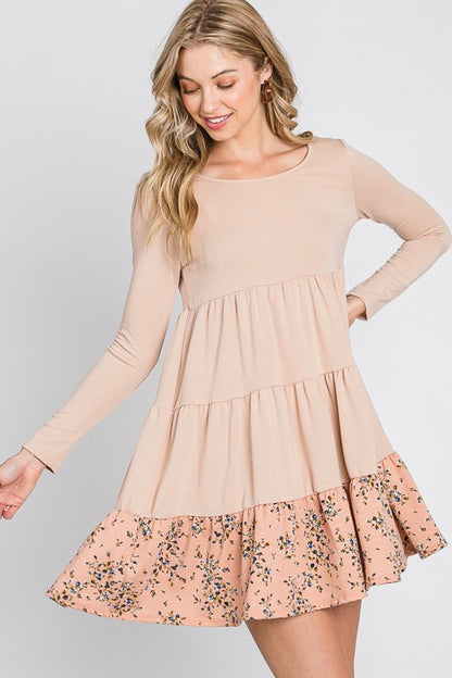 French Terry Tiered  flower contrast  Shift Dress