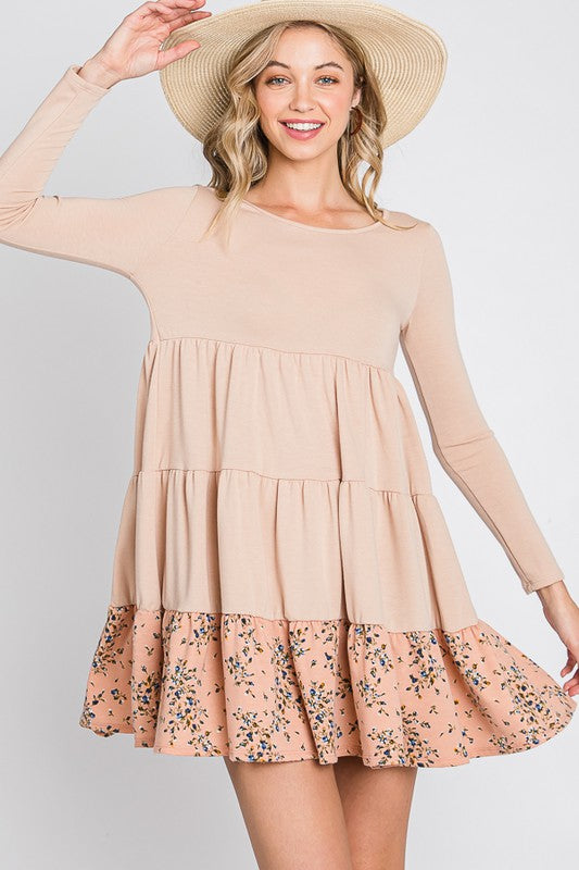 French Terry Tiered  flower contrast  Shift Dress