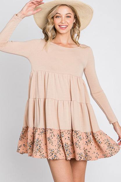 French Terry Tiered  flower contrast  Shift Dress