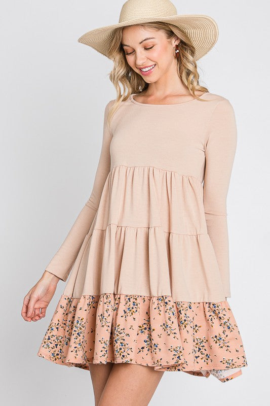 French Terry Tiered  flower contrast  Shift Dress