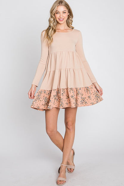 French Terry Tiered  flower contrast  Shift Dress